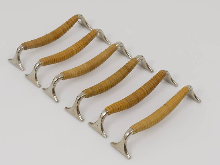 Mid-Century Modern Carl Auböck Set of Six Knife Rests, Nickel-Plated and Wicker, Vienna 1950s