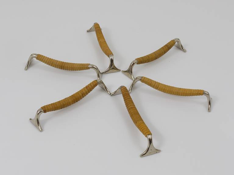 Mid-20th Century Carl Auböck Set of Six Knife Rests, Nickel-Plated and Wicker, Vienna 1950s