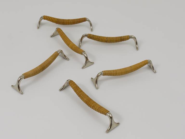 Metal Carl Auböck Set of Six Knife Rests, Nickel-Plated and Wicker, Vienna 1950s