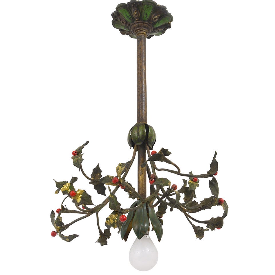 Sculptural Art Nouveau, Holly Bronze Mistletoe Chandelier, France 1920s