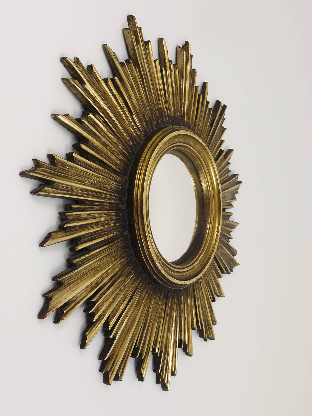 20th Century French Gilt Convex Sunburst Starburst Wall Mirror, 1950's