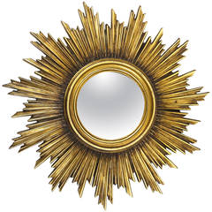 French Gilt Convex Sunburst Starburst Wall Mirror, 1950's