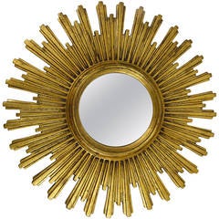 One Of 3 Matching Convex Gilt Wood Sunburst Starburst Mirror, France, 1950s