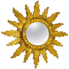 French Carved Gilt Wood Sunburst Starburst Mirror, 1950's