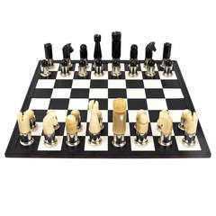 Vintage Carl Aubock Modernist Horn Chess Game With Leatherboard and Box
