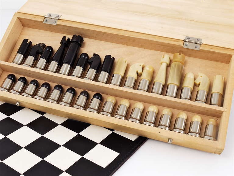 Austrian Carl Aubock Modernist Horn Chess Game With Leatherboard and Box