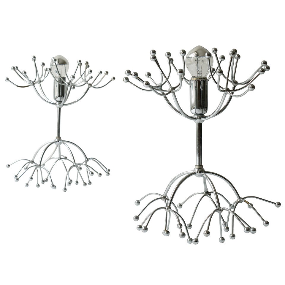 Two Gaetano Sciolari Chrome Sputnik Side or Table Lamps, Midcentury Italy, 1960s