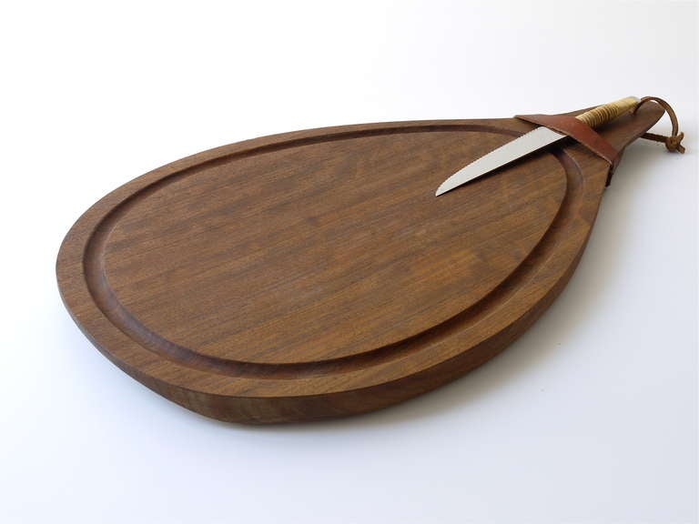 Mid-Century Modern Carl Aubock Big Walnut Cutting Board with Amboss Knife With Wickerwork Handle