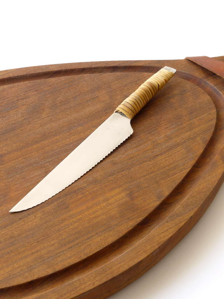 Mid-20th Century Carl Aubock Big Walnut Cutting Board with Amboss Knife With Wickerwork Handle