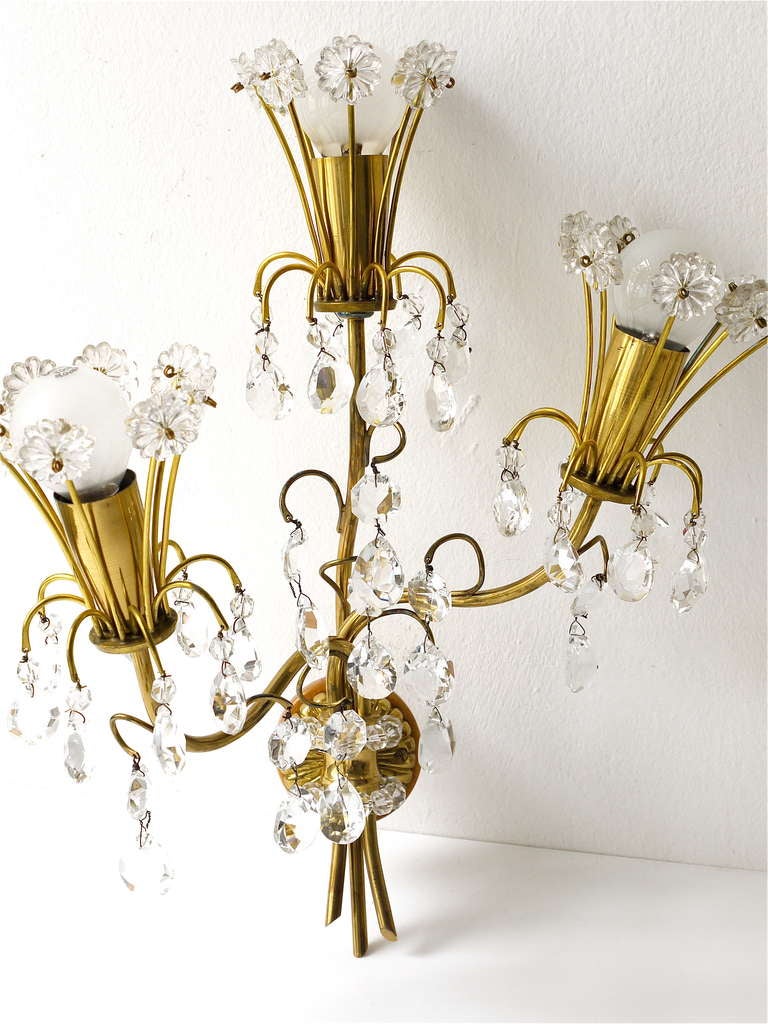 Austrian Floral Lobmeyr Mid-Century Crystal Sconces Wall Lights, Austria, 1950s