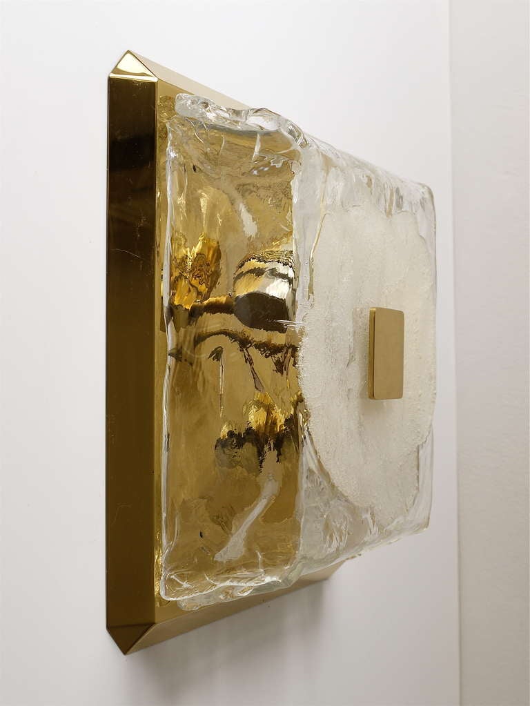 Mid-Century Modern Two Kalmar Square Ice Glass Melting Glass Flush Mounts Sconces, Austria, 1970s