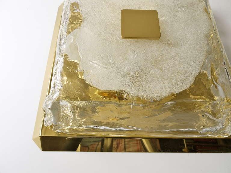 Brass Two Kalmar Square Ice Glass Melting Glass Flush Mounts Sconces, Austria, 1970s