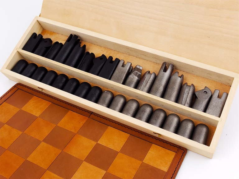 Carl Aubock Modernist Cast-Iron Chess Game with Leather Board and Box