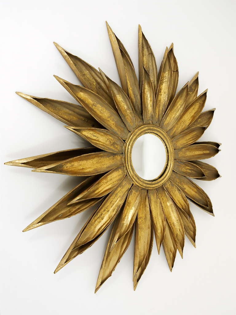 Mid-Century Modern Huge French Floral Convex Sunburst Mirror of Gilt Metal from the 1950s
