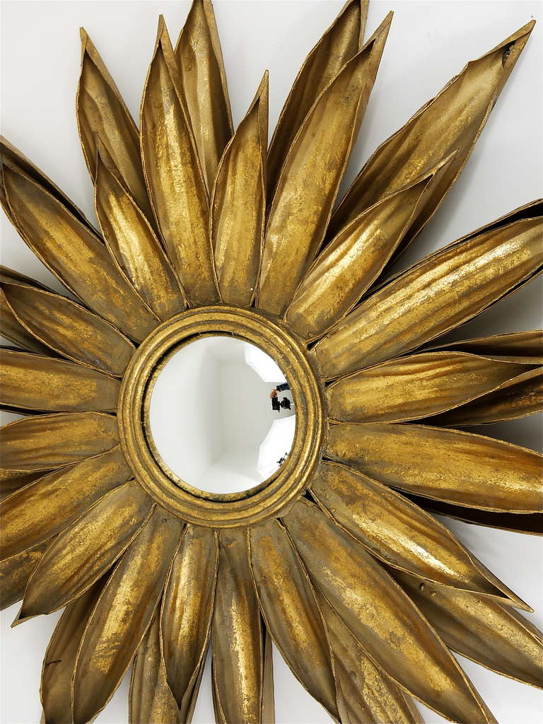 Huge French Floral Convex Sunburst Mirror of Gilt Metal from the 1950s In Good Condition In Vienna, AT
