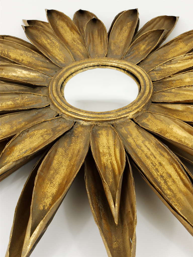 20th Century Huge French Floral Convex Sunburst Mirror of Gilt Metal from the 1950s