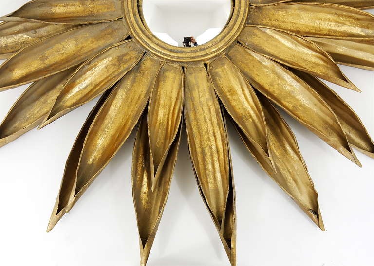 Huge French Floral Convex Sunburst Mirror of Gilt Metal from the 1950s 1