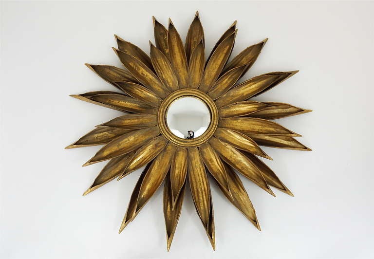 Huge French Floral Convex Sunburst Mirror of Gilt Metal from the 1950s 2