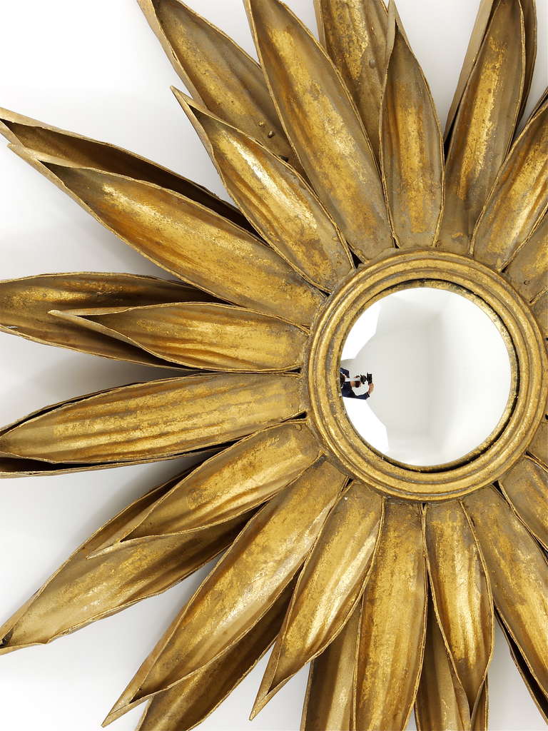Huge French Floral Convex Sunburst Mirror of Gilt Metal from the 1950s 3