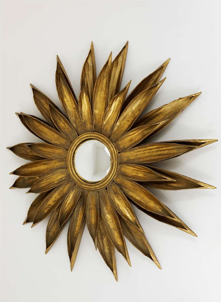 Huge French Floral Convex Sunburst Mirror of Gilt Metal from the 1950s 4
