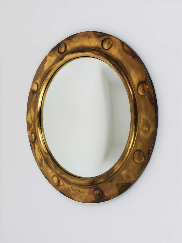Mid-Century Modern French Nautical Porthole Convex Brass Mirror Bull´s Eye Mirror from the 1950s
