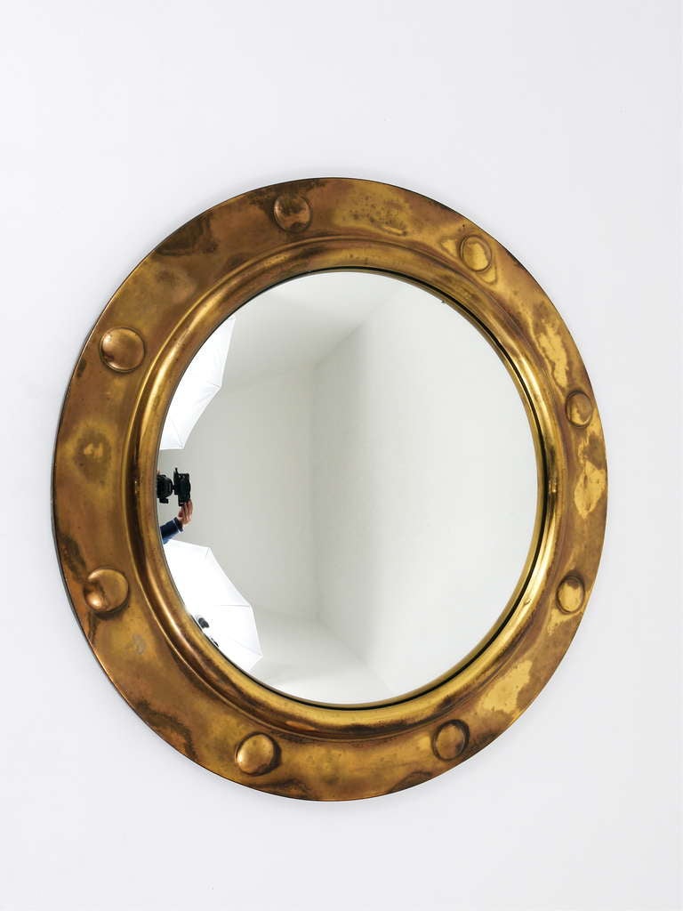 French Nautical Porthole Convex Brass Mirror Bull´s Eye Mirror from the 1950s In Excellent Condition In Vienna, AT