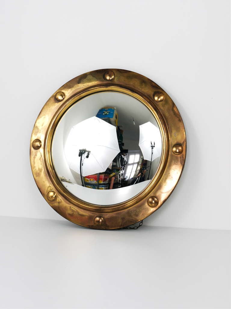 French Nautical Porthole Convex Brass Mirror Bull´s Eye Mirror from the 1950s 4