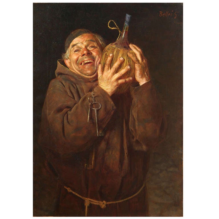Bellei Gaetano (Modena, 1857-1922) " Monk with Bottle of Wine" Oil on Canvas For Sale