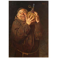 Antique Bellei Gaetano (Modena, 1857-1922) " Monk with Bottle of Wine" Oil on Canvas