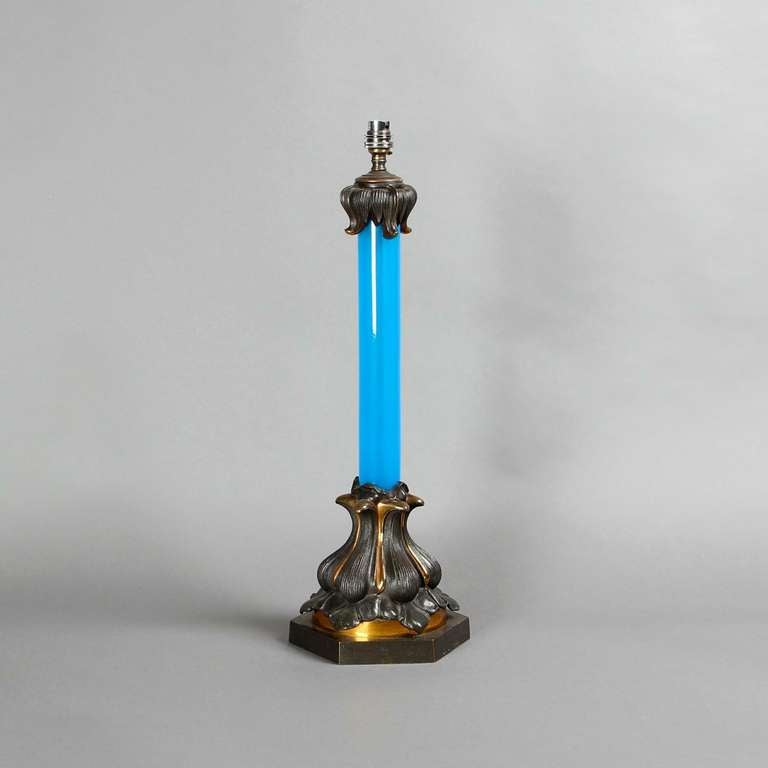 19th Century Bronze And Blue Glass Lamp