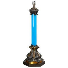 19th Century Bronze And Blue Glass Lamp