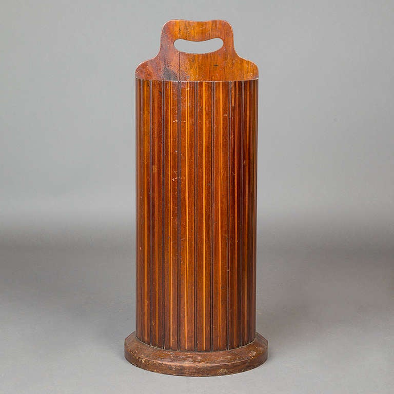 Edwardian mahogany barrel front stickstand with boxwood stringing and a painted zinc liner