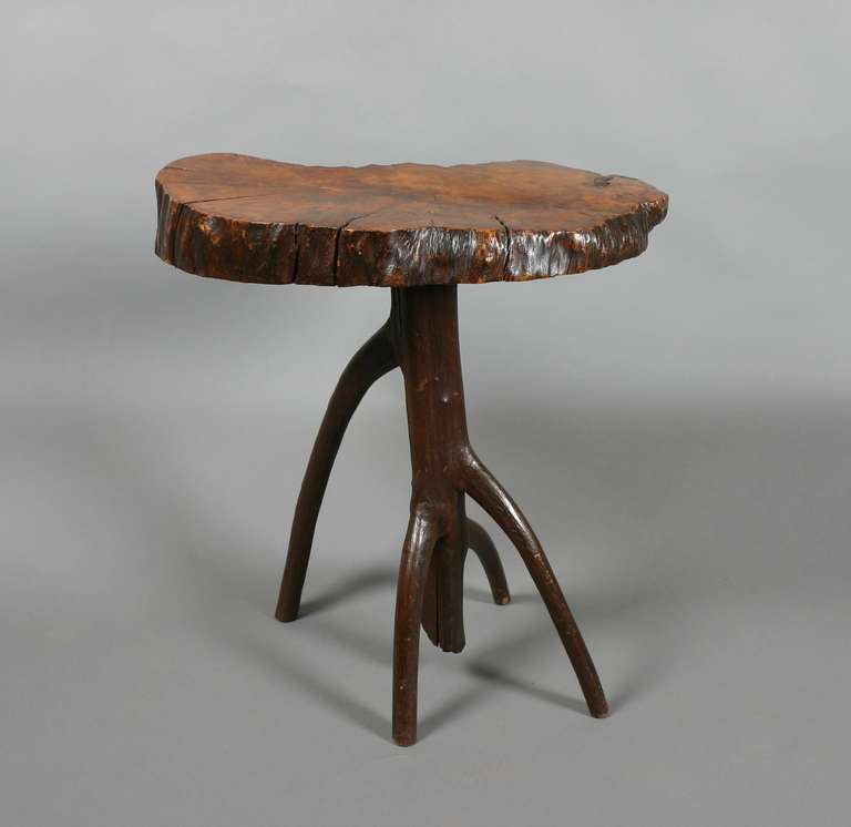 An antique slab yew wood table, the thick knarled tree section mounted on root branch base