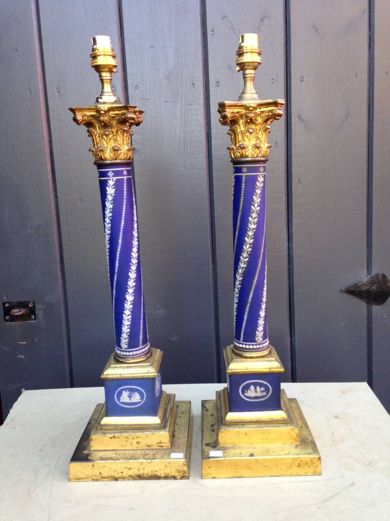 Pair of 19th century stamped Wedgwood Jasper Ware column brass lamp bases