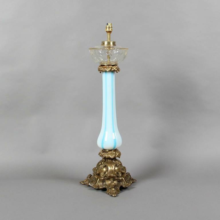 White glass lamp with blue inlay decoration