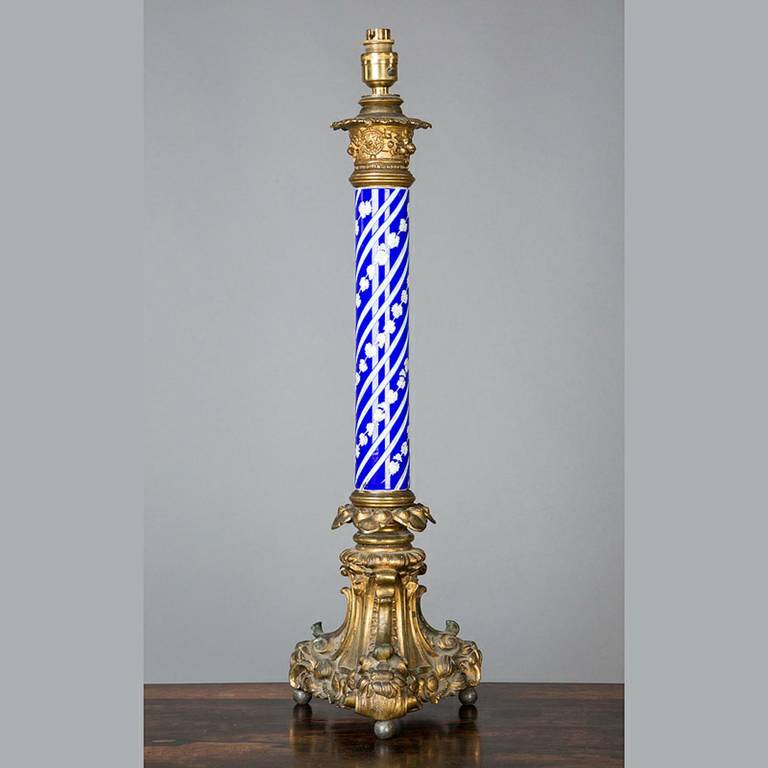 Blue Glass Lamp on gilded brass base