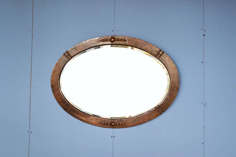 Arts & Crafts Hammered Copper Oval Mirror with Beveled Edge