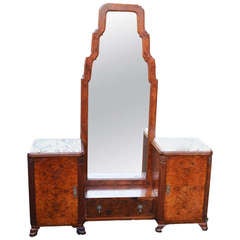 Antique Burr Walnut Art Deco Vanity with Central Cheval Mirror