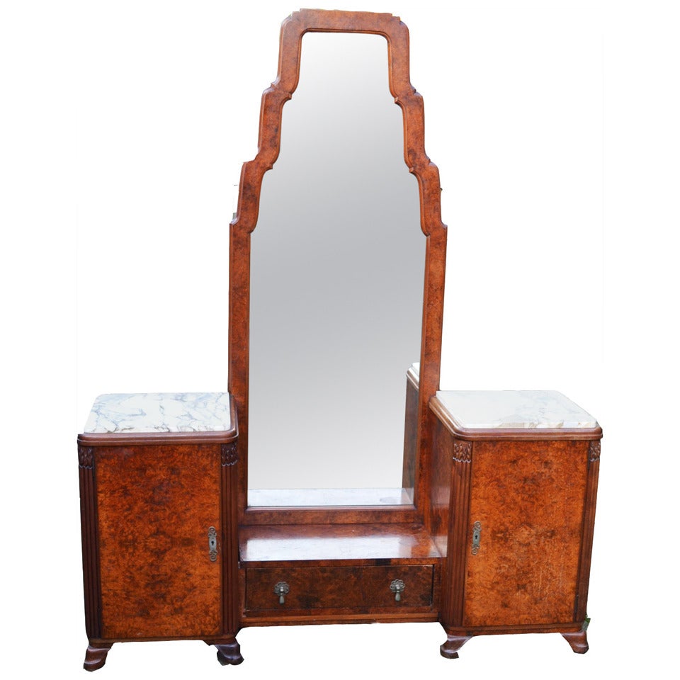 Burr Walnut Art Deco Vanity with Central Cheval Mirror For Sale