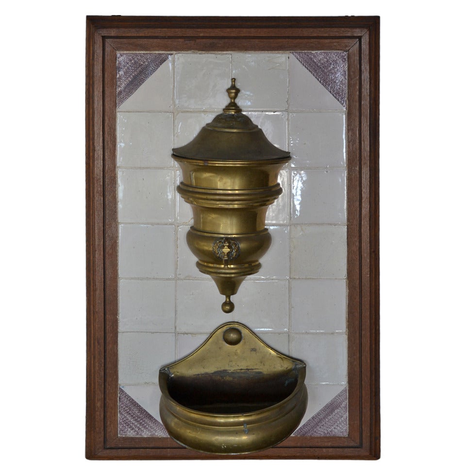 18th Century Dutch Brass Lavabo in White and Manganese Tiles For Sale