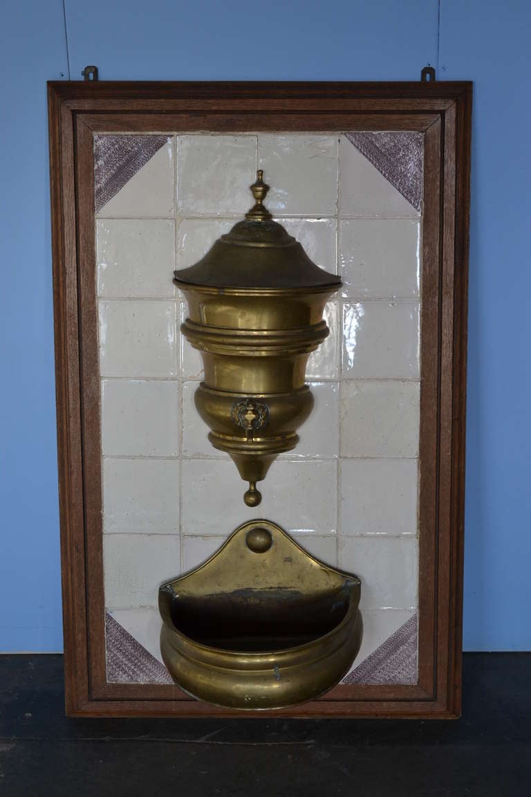 18th Century Dutch Brass Lavabo in White and Manganese Tiles