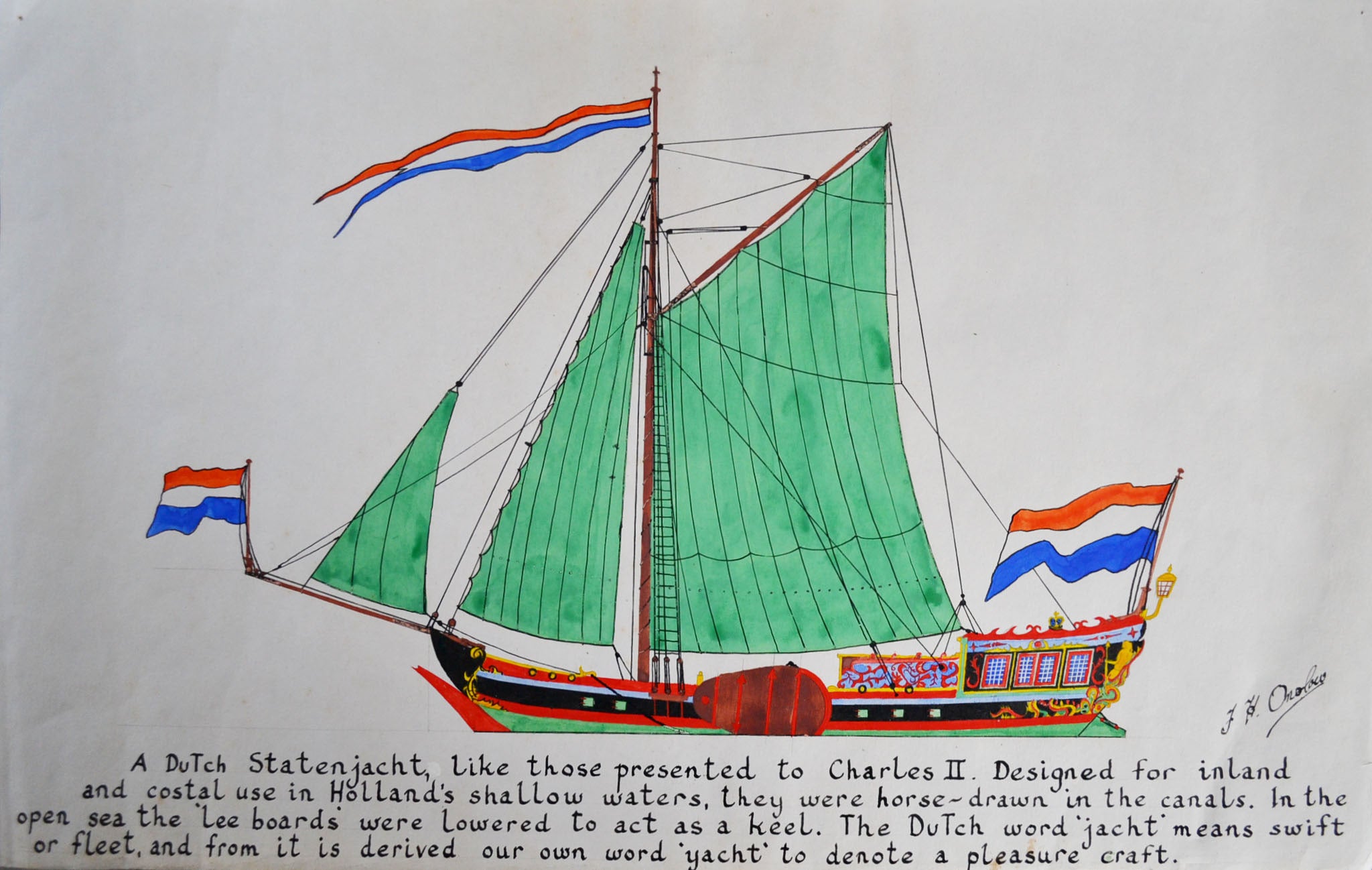 Watercolor of a Statenjacht, Signed F.H. Onslow For Sale