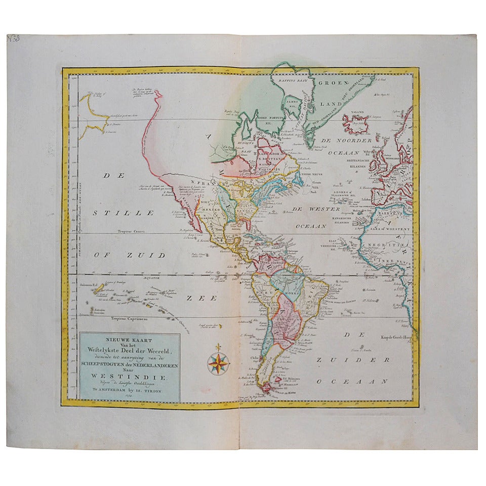 Colored Copper Engraving of the American Continent, 1754 For Sale