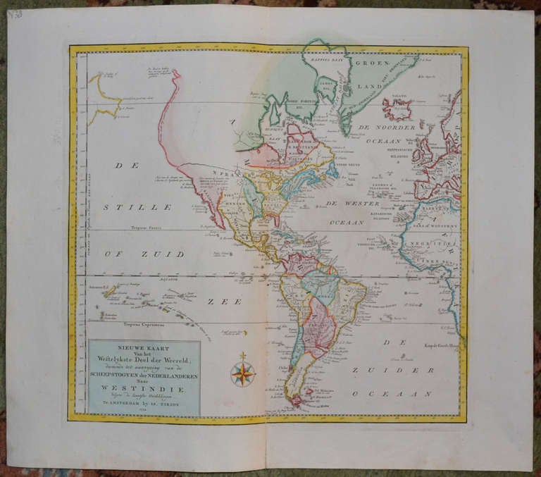 Original old colored copper engraving of The American Continent by Is. Tirion, Amsterdam NL 1754.
New map of the western part of the world according to the latest discoveries. 
Amsterdam by Is. Tirion, 1754.

This map is in excellent condition.