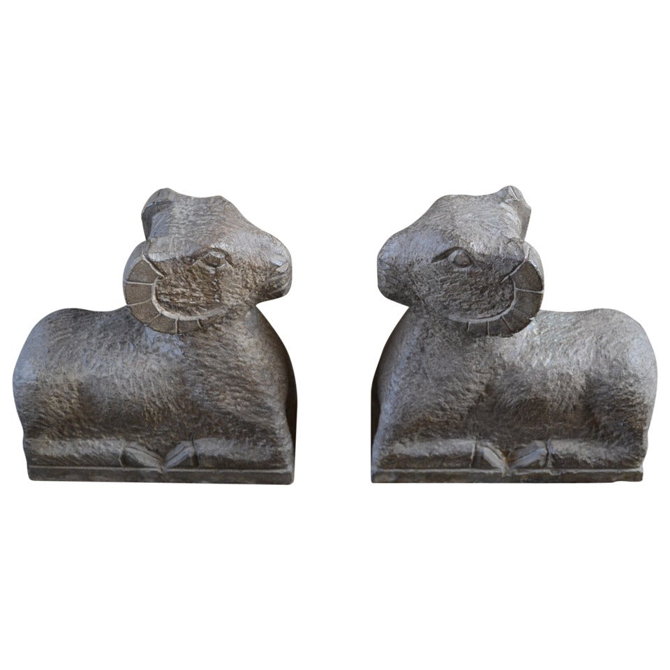 Set of Two Hard Stone, Sculptured Sheep or Rams Bookends For Sale