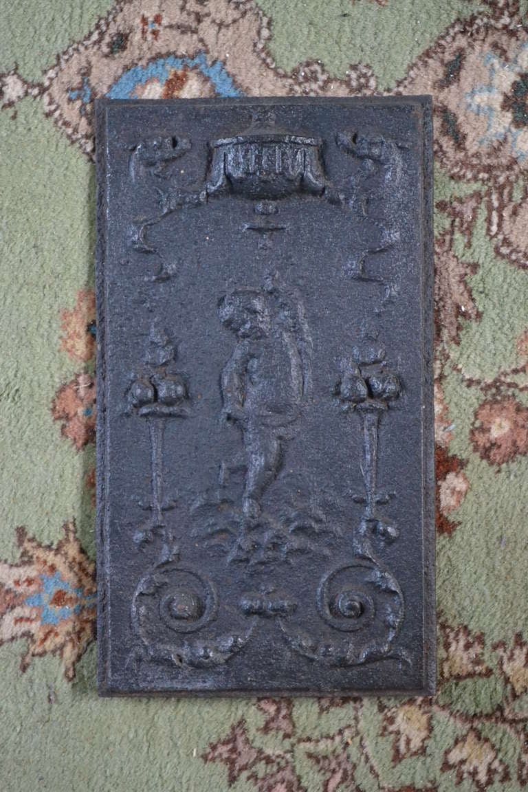 This very small 17th or 18th century decorative cast iron fire back or hearth panel, measuring only 36 x 20 cm, depicts a playing putto surrounded by festoons with a crown.

The aforementioned sizes are indicative, please contact for the exact