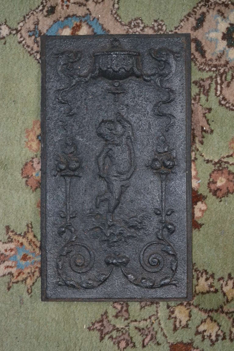 Baroque Small 17th or 18th Century Cast Iron Fire Back or Hearth Panel For Sale