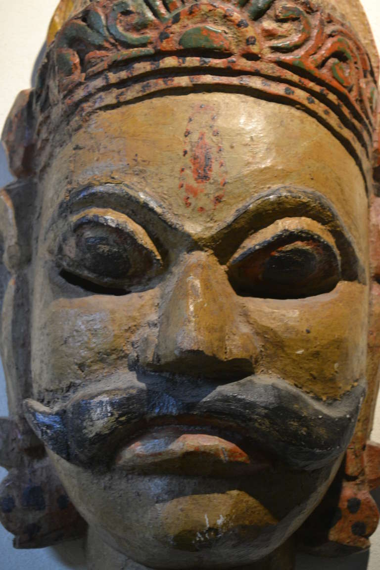 Folk Art Large Wooden Polychrome Mask, India, circa 1920 For Sale