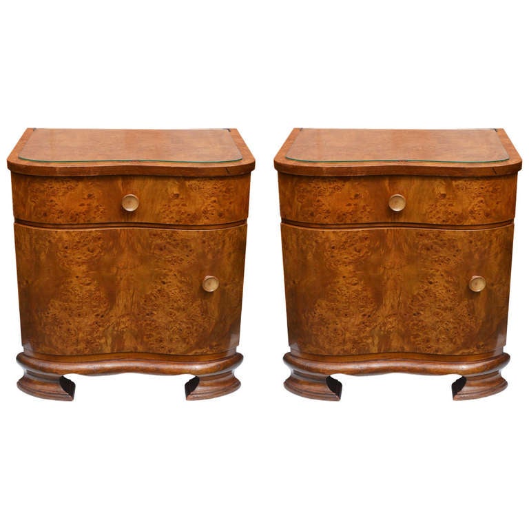 Pair of Continental Art Moderne Side Cabinets in Burr Walnut Veneer For Sale