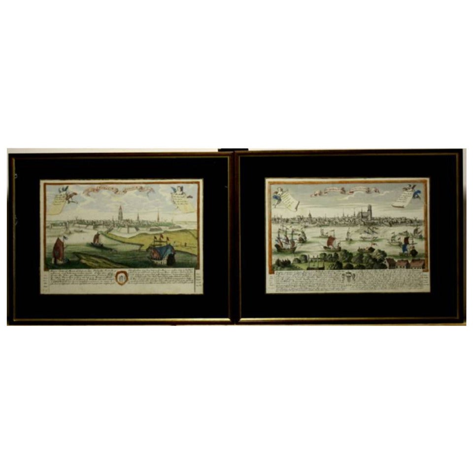 Dordrecht & Gorinchem, Hand-Colored Framed City Views by Johann Chr. Leopold For Sale